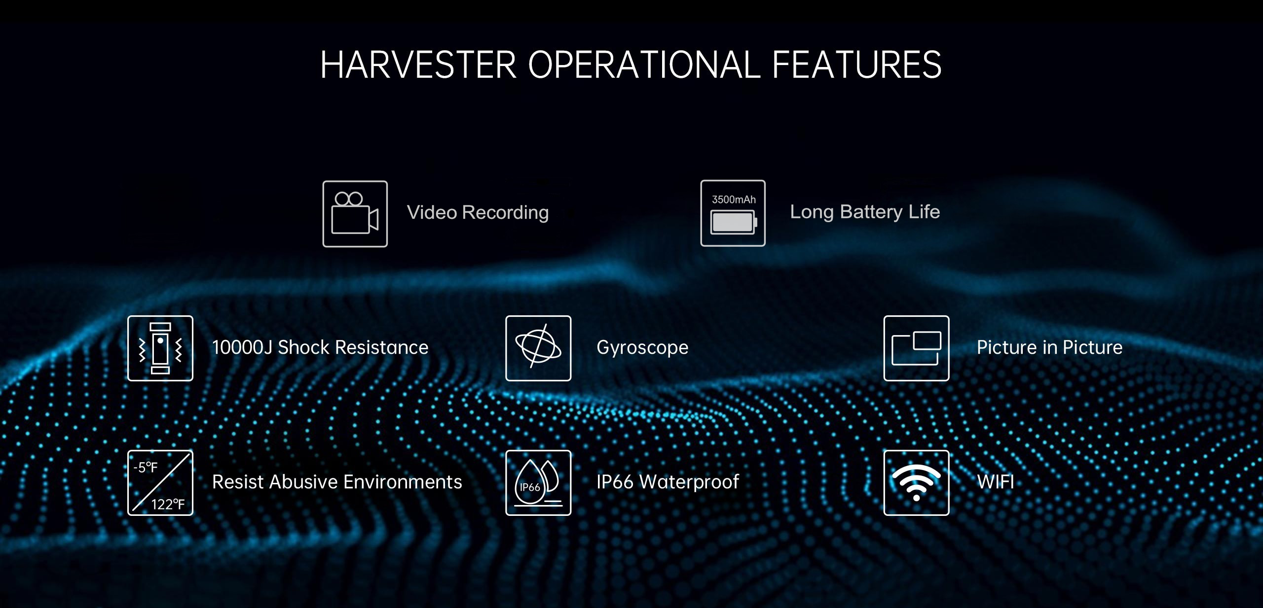 Harvester operational features list with icons including video recording long battery life and waterproof rating.