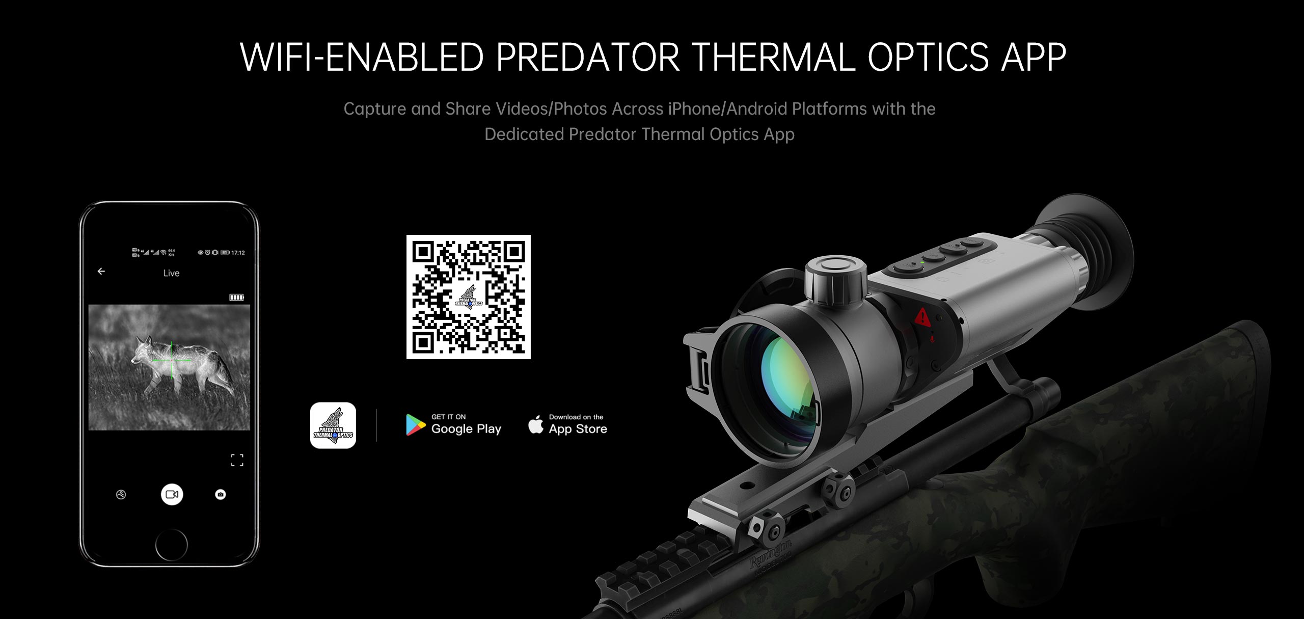 Thermal rifle scope mounted on a rifle with smartphone displaying thermal imaging app interface.