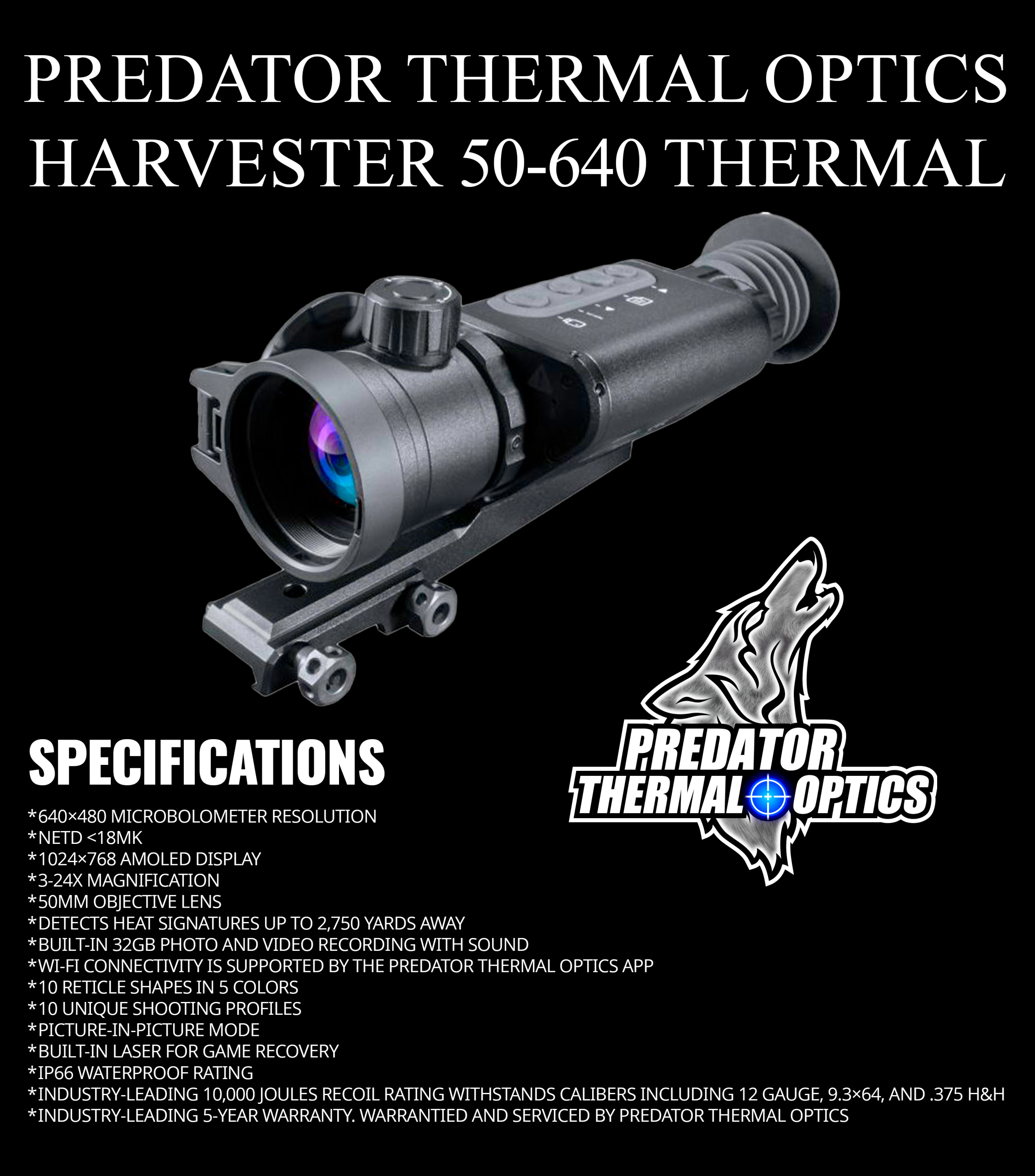 Predator Thermal Optics Harvester 50-640 scope product image with specifications listed.