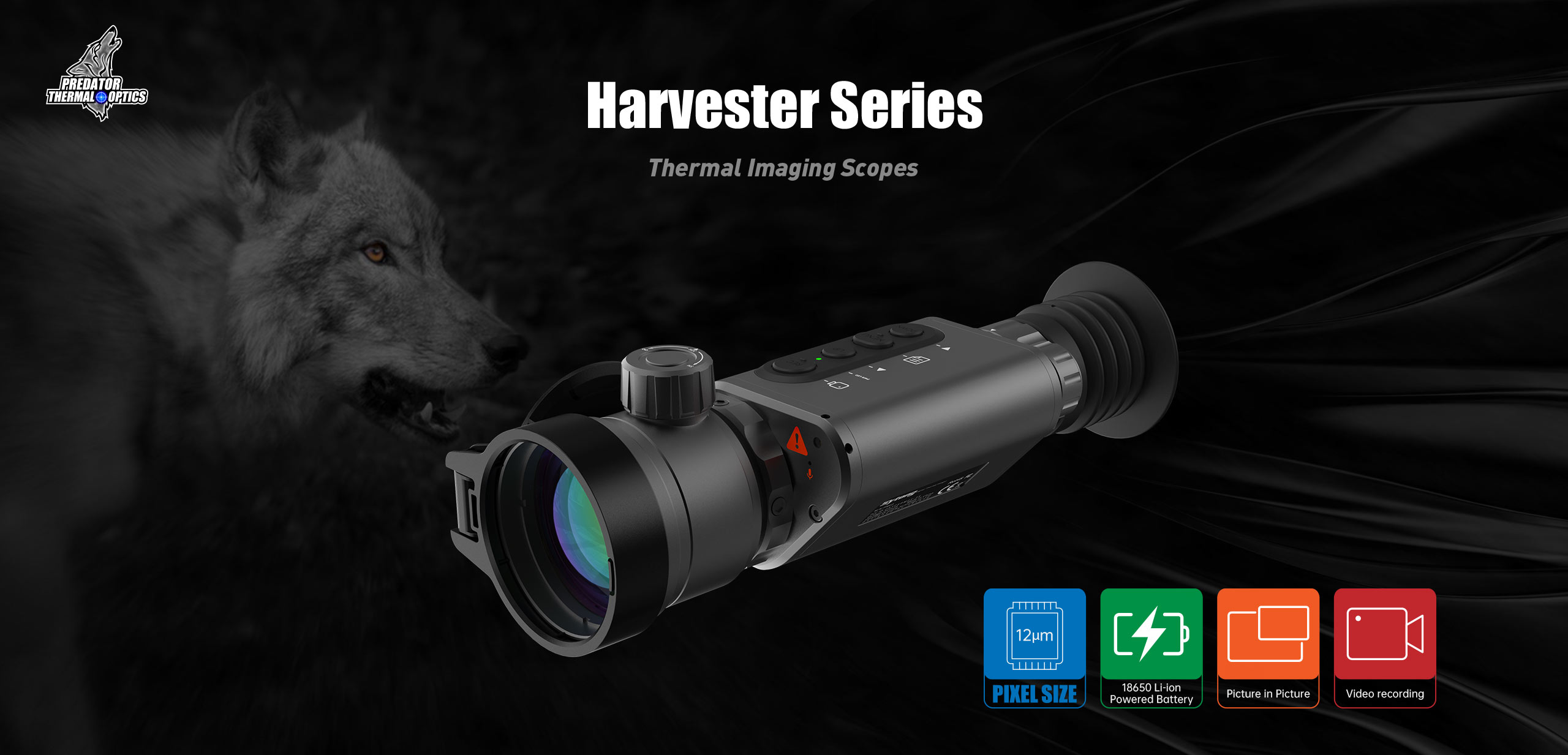 Thermal imaging scope from the Harvester Series with a wolf and feature icons in the background.