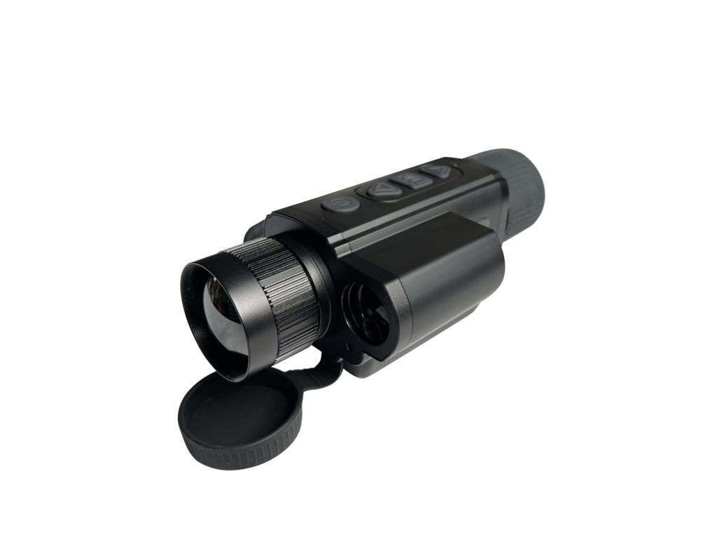Digital monocular device with control buttons and lens cap open isolated on white background.