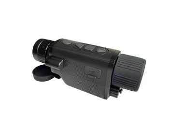 Black thermal monocular device with control buttons and a lens cap on a white background.