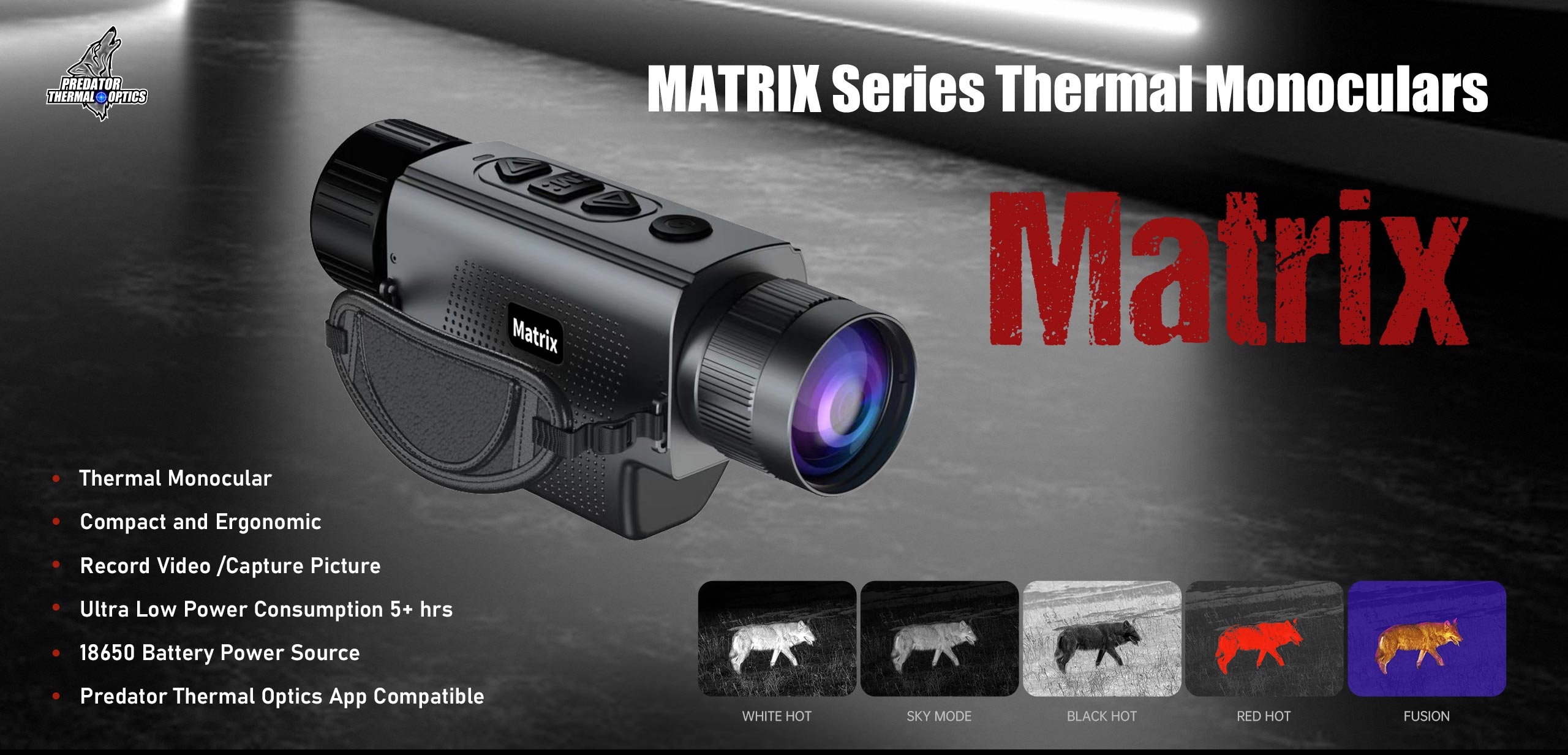 Predator Thermal Optics Matrix thermal monocular with display modes and feature list.