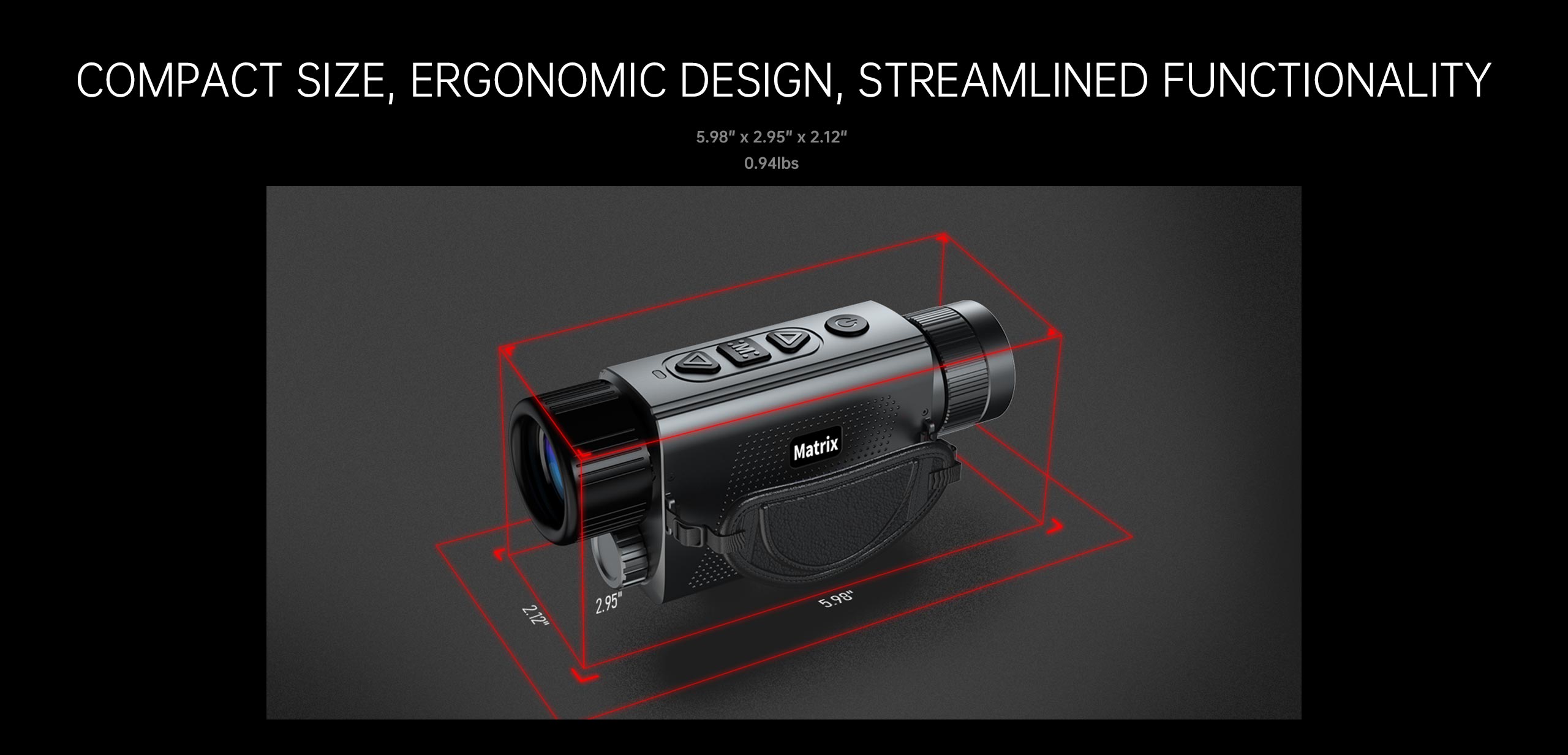 Matrix thermal monocular with dimensions highlighted in red on a dark background.