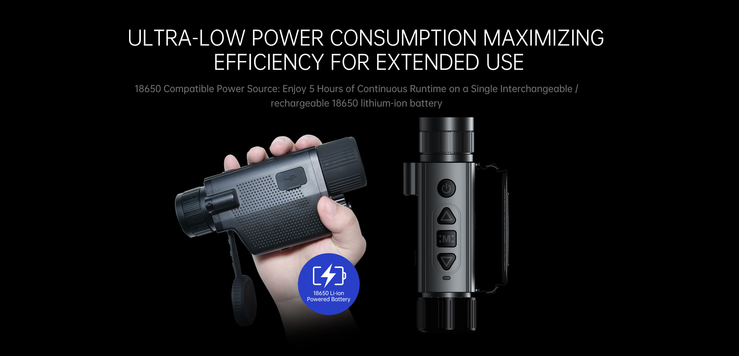 Hand holding a thermal monocular device with battery feature highlighted on a black background.