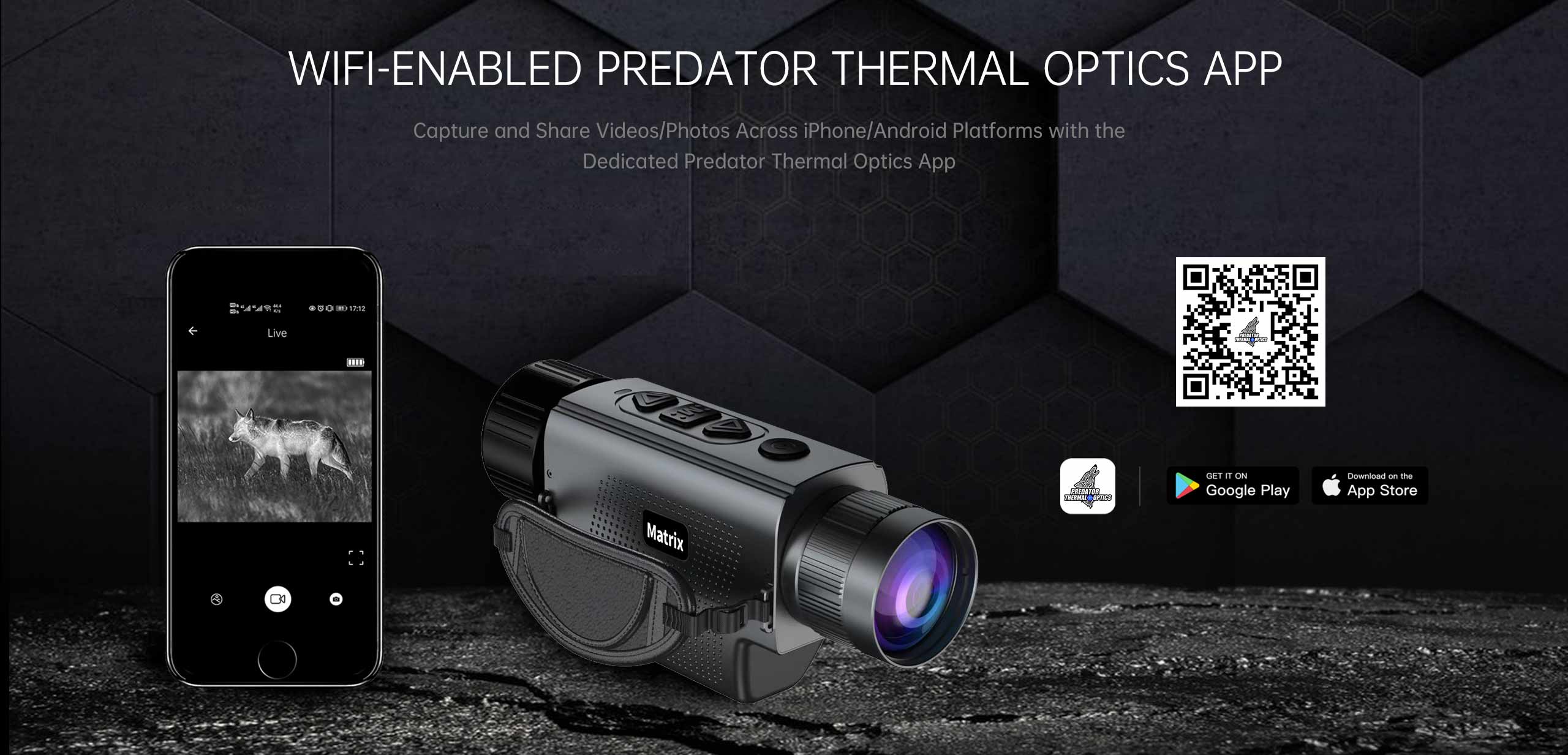 Thermal optics device and smartphone displaying thermal image with QR code and app store logos.