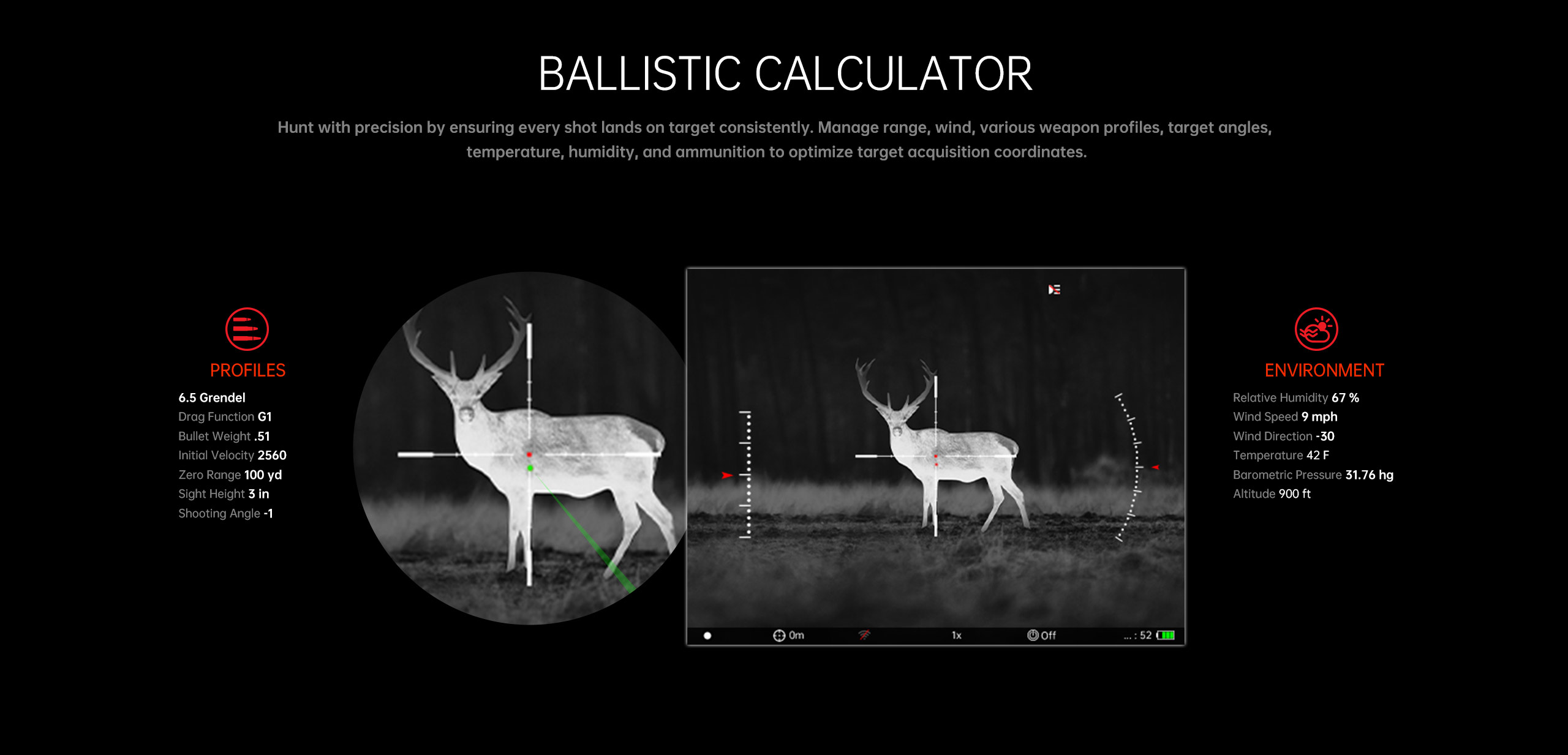 Thermal riflescope ballistic calculator interface showing a deer in crosshairs with environment and profile data.