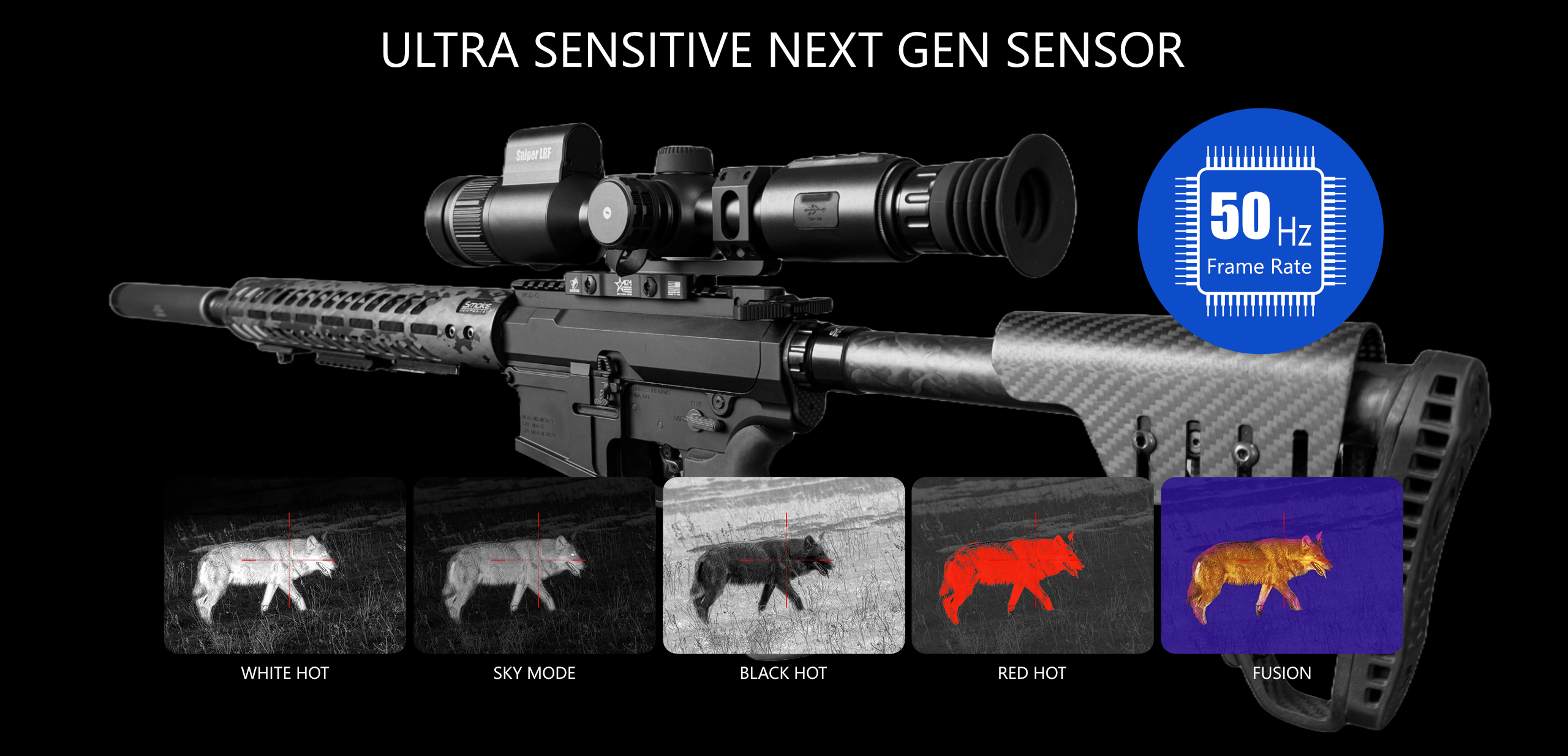 Rifle with advanced scope and thermal imaging modes displayed underneath.