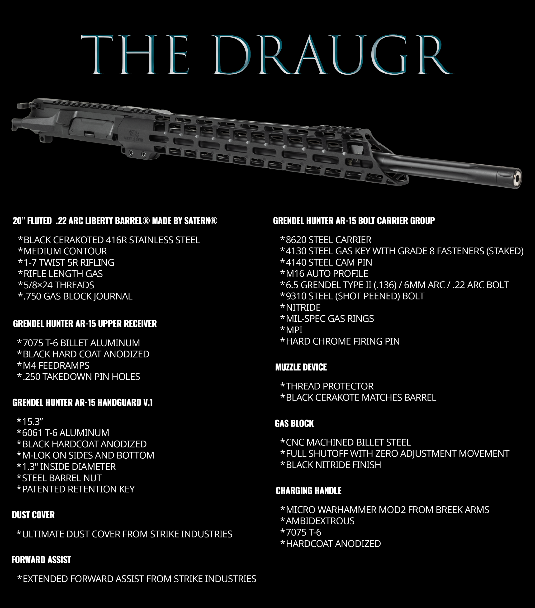 The Draugr .22 ARC rifle upper assembly with detailed component specifications on a black background.