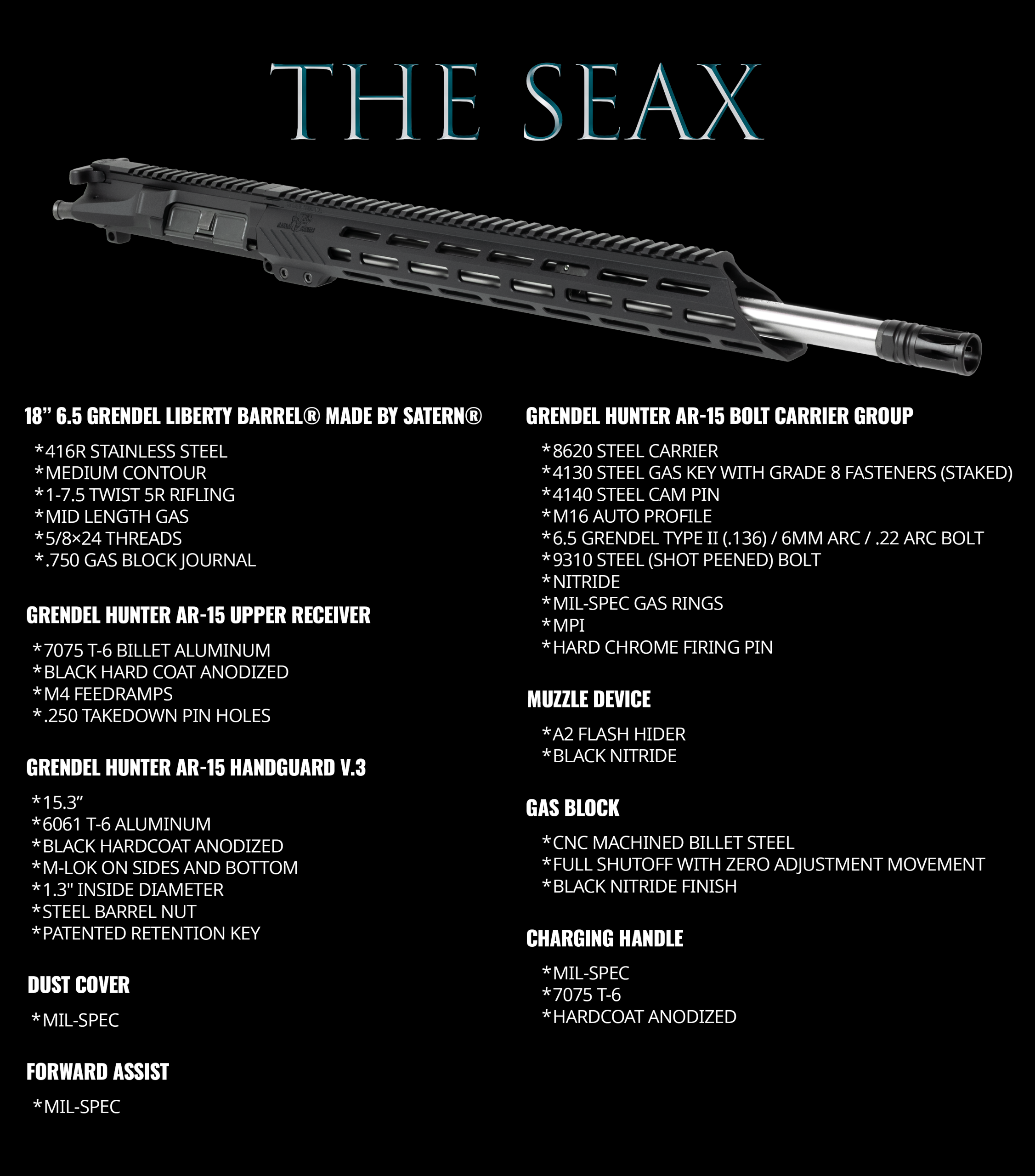 The SEAX 6.5 Grendel AR-15 upper receiver assembly with specifications listed.