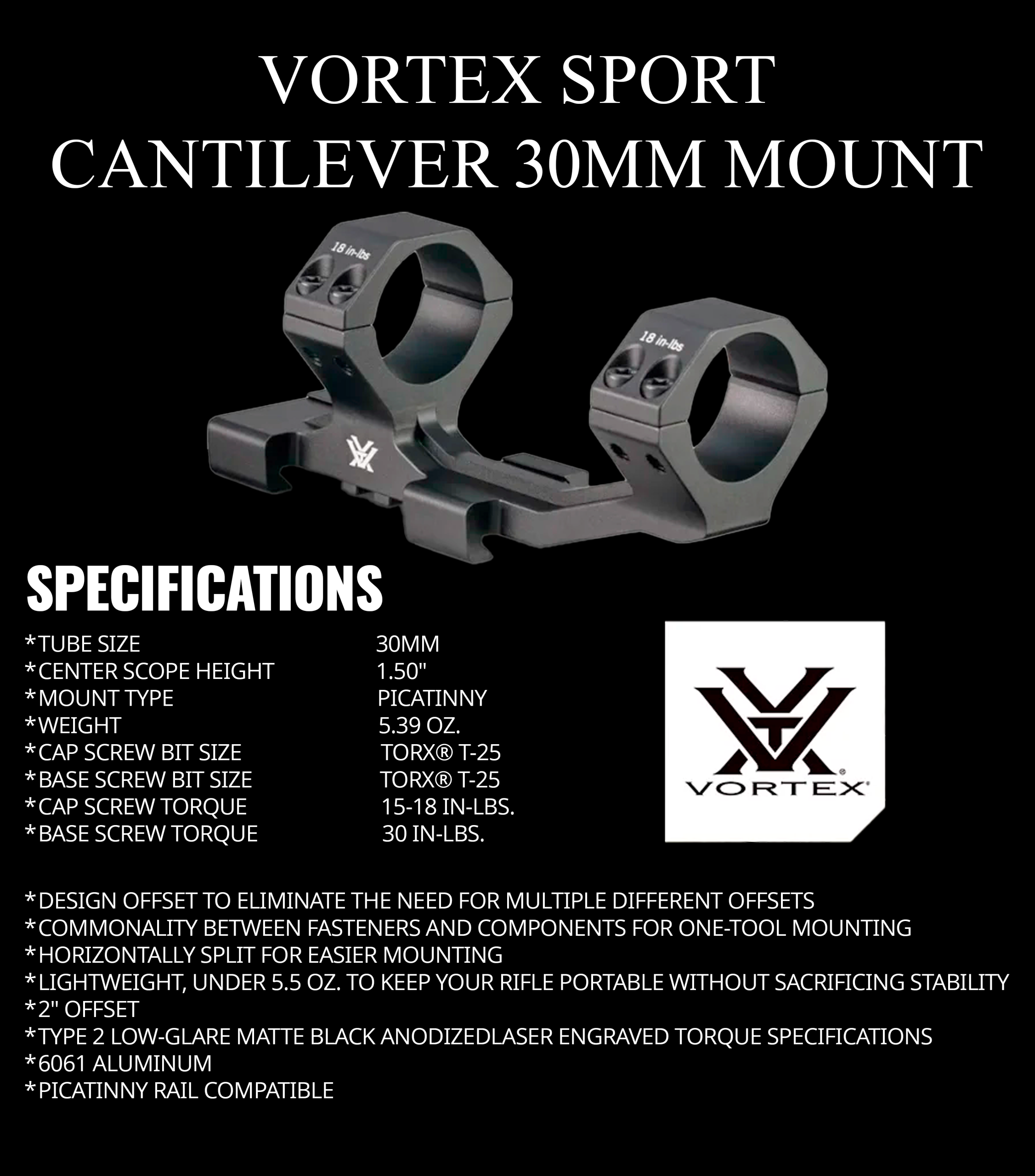 Vortex Sport Cantilever 30mm mount with specifications and Vortex logo on a black background.
