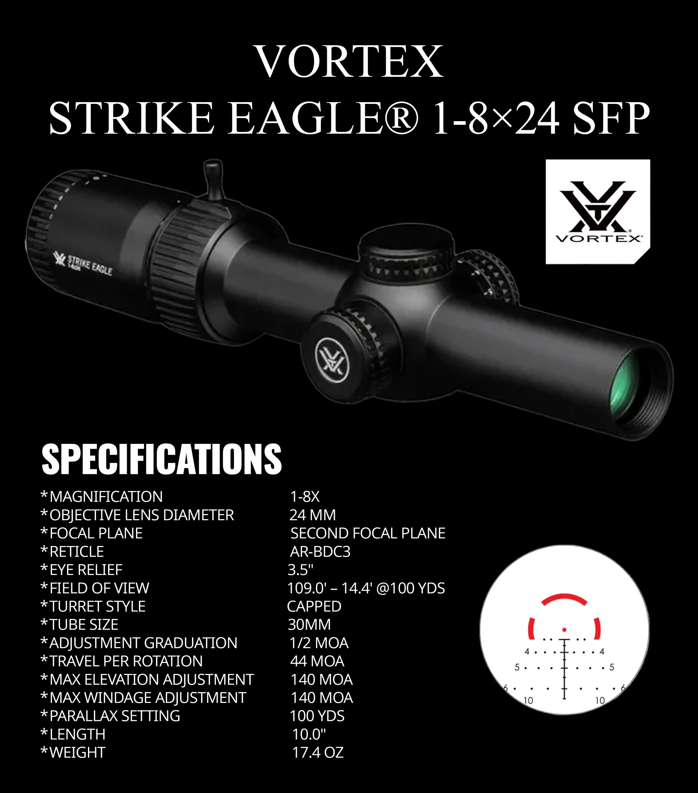 Vortex Strike Eagle 1-8x24 SFP rifle scope with specifications and reticle diagram.