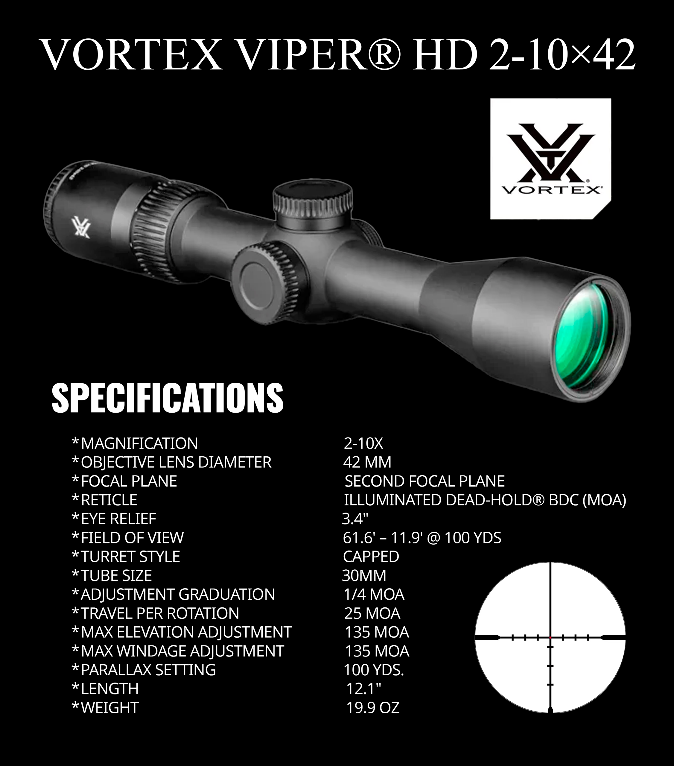 Vortex Viper HD 2-10x42 rifle scope with specifications and Vortex logo.