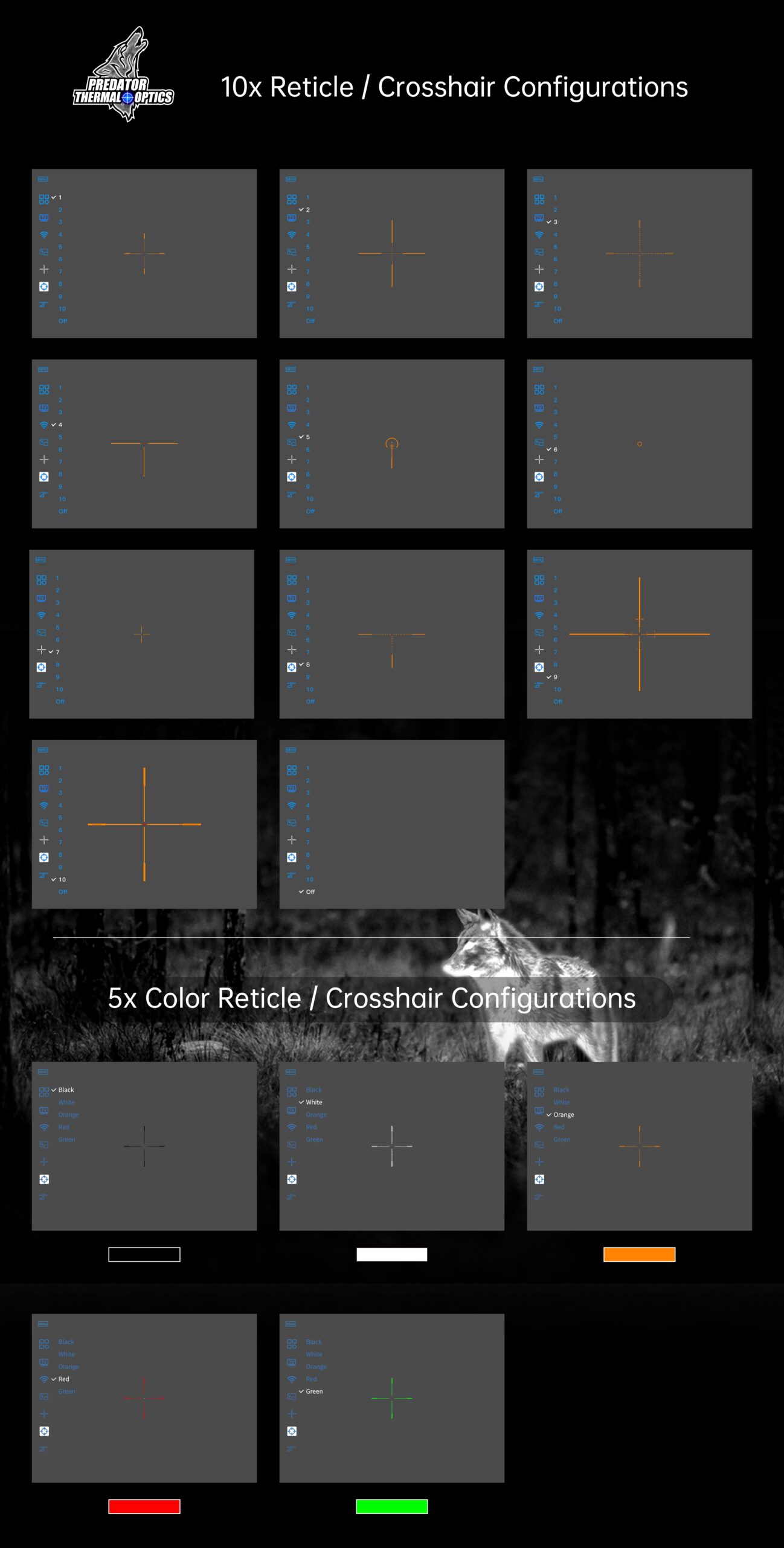 Multiple thermal optic reticle and crosshair configuration examples shown with color options and settings menu.