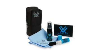 Vortex lens cleaning field kit with pouch spray cloth brush and card displayed.