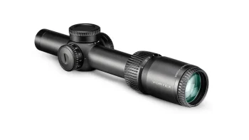 Vortex Strike Eagle 1-8x24 rifle scope with adjustment knobs on a white background.