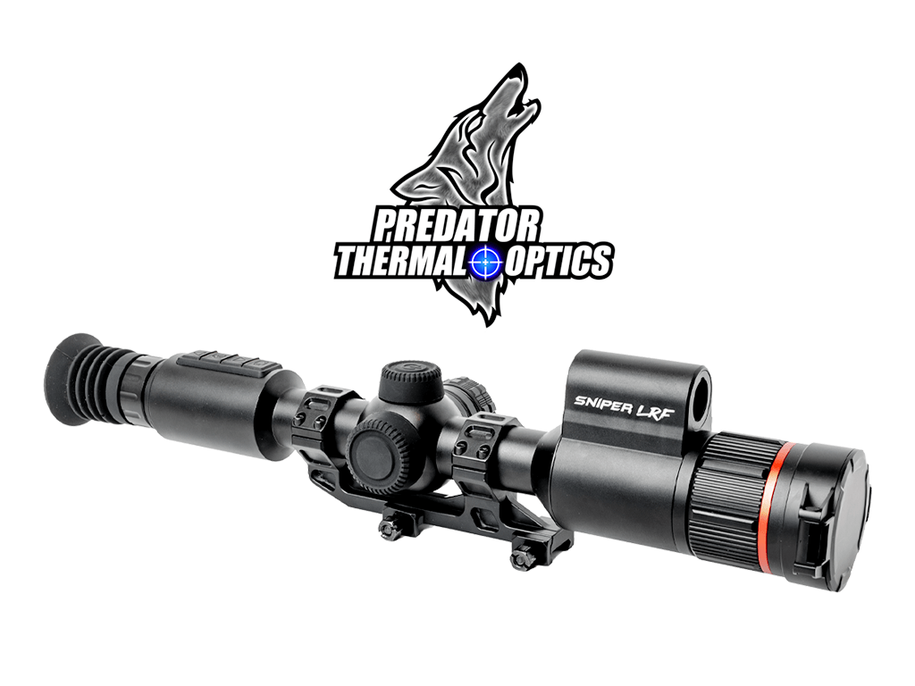 Thermal rifle scope with Predator Thermal Optics logo above it on a white background.