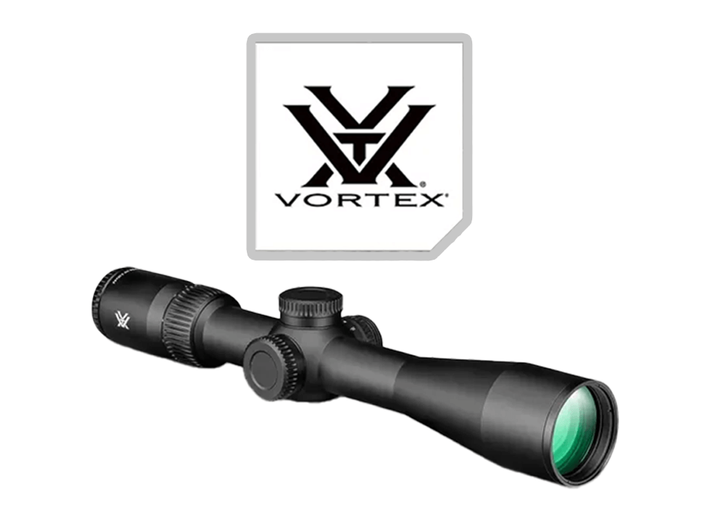 Black rifle scope with Vortex logo in the background