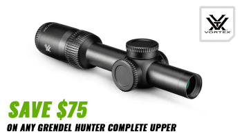 Vortex Strike Eagle rifle scope with discount offer and Vortex logo.