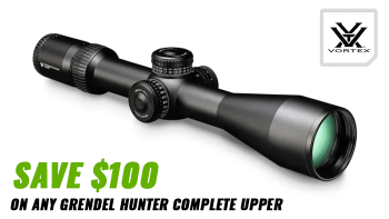 Vortex Strike Eagle riflescope with promotional text 'Save $100 on any Grendel Hunter complete upper'.