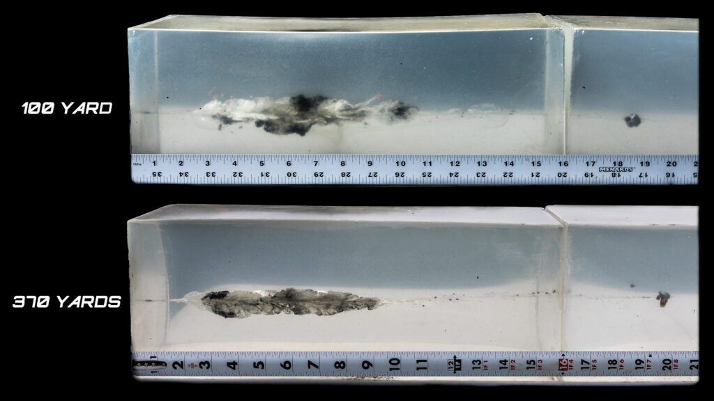 Side by side comparison of ballistic gel tests at 100 yards and 370 yards highlighting differences in expansion, penetration, and wound channels