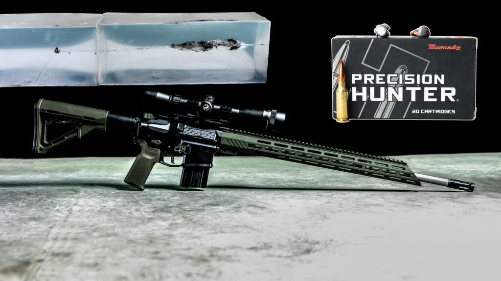 6mm ARC rifle with 103 grain ELD-X ammunition box alongside 370 yard ballistic gel test results and recovered bullets showing long range expansion, penetration, and retained weight