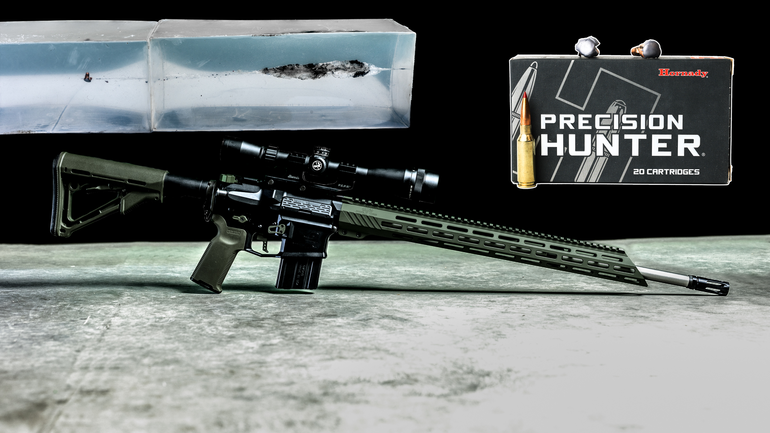 6mm ARC rifle with 103 grain ELD-X ammunition box alongside 370 yard ballistic gel test results and recovered bullets showing long range expansion, penetration, and retained weight