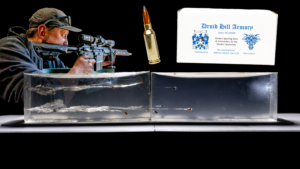 A composite image featuring a hunter aiming an AR-15 rifle on a shooting rest over a side-by-side comparison of two 6mm ARC Maker T-REX bullet wound channels in ballistic gel blocks, with a custom Druid Hill Armory box.