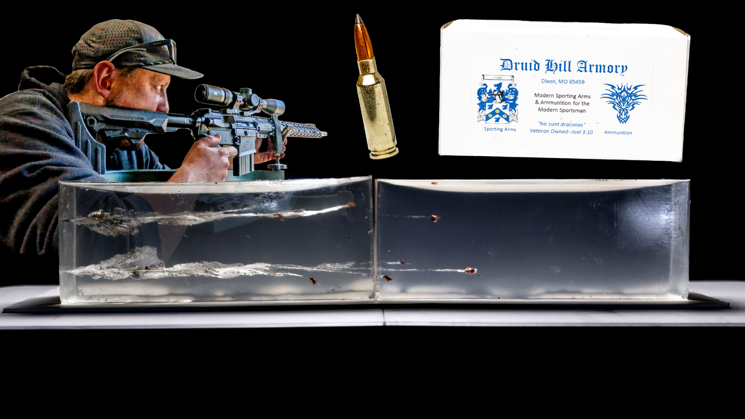 A composite image featuring a hunter aiming an AR-15 rifle on a shooting rest over a side-by-side comparison of two 6mm ARC Maker T-REX bullet wound channels in ballistic gel blocks, with a custom Druid Hill Armory box.