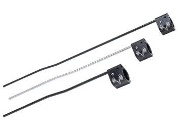 A product collage showcasing three .750-inch black nitride adjustable gas blocks assembled with different gas tube styles and lengths. The collection features a black nitride rifle-length gas tube, a silver stainless steel mid-length gas tube, and a black nitride carbine-length gas tube, demonstrating the configuration options for AR-15 rifle builds.