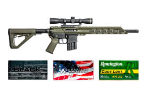 A Grendel Hunter .450 Bushmaster upper receiver on an Aero Precision lower with Magpul stock and grip, displayed alongside Hornady FTX, Hornady Soft Point, and Remington Core-Lokt ammunition used for ballistic testing.