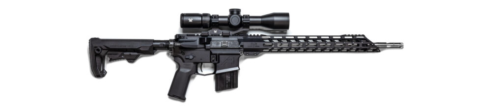 A full-length profile view against a white background of a Grendel Hunter 6mm ARC rifle built on an Aero Precision lower receiver, featuring a Vortex rifle scope, Magpul stock, and a stainless steel fluted barrel.