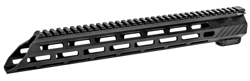 15.3 inch black M-LOK handguard with a matte finish, on a white background designed for AR-15 platforms.