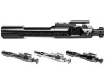 Product showcase image 3O2A7447-Edit-Edit.jpg displaying multiple 6.5 Grendel bolt carrier groups on a clean white background. A large, side-profile view of a black nitride BCG features the laser-engraved Grendel Hunter deer skull logo. Below it, three additional BCGs are lined up at an angle, highlighting a selection of different high-performance finishes including matte black, polished metallic chrome, and dark charcoal coatings.