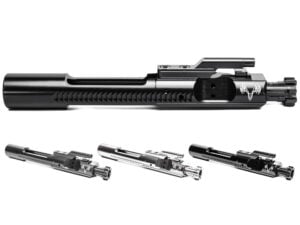 Product showcase image 3O2A7447-Edit-Edit.jpg displaying multiple 6.5 Grendel bolt carrier groups on a clean white background. A large, side-profile view of a black nitride BCG features the laser-engraved Grendel Hunter deer skull logo. Below it, three additional BCGs are lined up at an angle, highlighting a selection of different high-performance finishes including matte black, polished metallic chrome, and dark charcoal coatings.