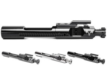 Product showcase image 3O2A7447-Edit-Edit.jpg displaying multiple 6.5 Grendel bolt carrier groups on a clean white background. A large, side-profile view of a black nitride BCG features the laser-engraved Grendel Hunter deer skull logo. Below it, three additional BCGs are lined up at an angle, highlighting a selection of different high-performance finishes including matte black, polished metallic chrome, and dark charcoal coatings.