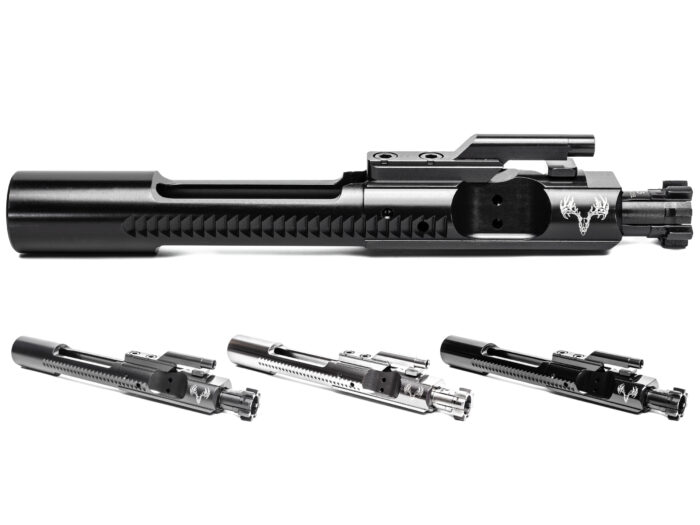 Product showcase image 3O2A7447-Edit-Edit.jpg displaying multiple 6.5 Grendel bolt carrier groups on a clean white background. A large, side-profile view of a black nitride BCG features the laser-engraved Grendel Hunter deer skull logo. Below it, three additional BCGs are lined up at an angle, highlighting a selection of different high-performance finishes including matte black, polished metallic chrome, and dark charcoal coatings.