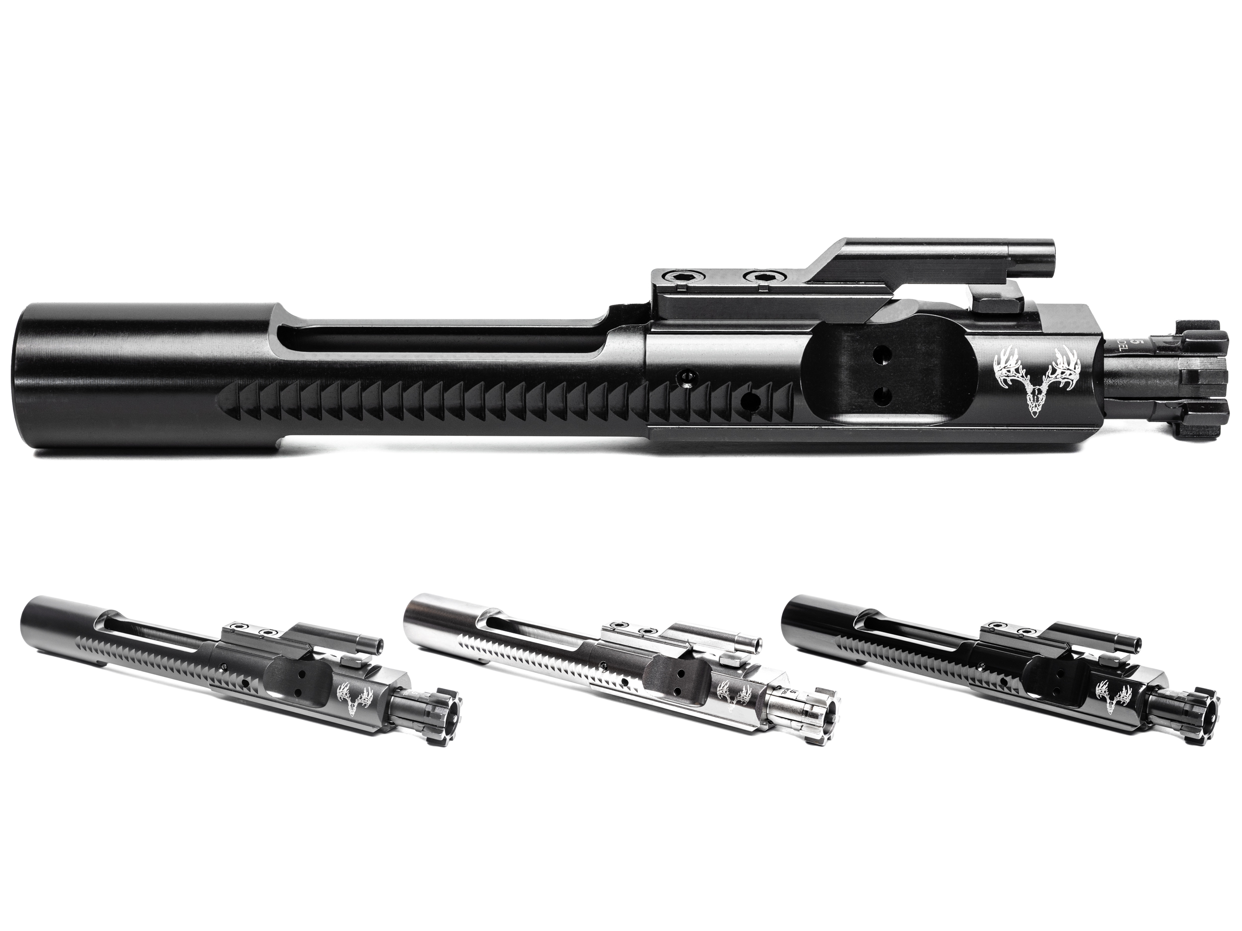 Product showcase image 3O2A7447-Edit-Edit.jpg displaying multiple 6.5 Grendel bolt carrier groups on a clean white background. A large, side-profile view of a black nitride BCG features the laser-engraved Grendel Hunter deer skull logo. Below it, three additional BCGs are lined up at an angle, highlighting a selection of different high-performance finishes including matte black, polished metallic chrome, and dark charcoal coatings.