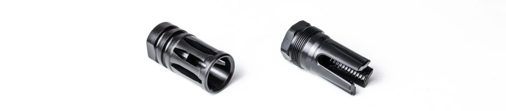 Product photo comparing two matte black flash hider configurations on a seamless white background. The unit on the left features a classic, closed-ended birdcage style slotting design, while the unit on the right displays a heavy-duty, open three-prong muzzle profile featuring external threads for fast suppressor integration.