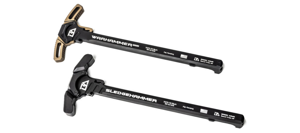 Product photo featuring two Breek Arms ambidextrous charging handles lying parallel on a clean white surface. The top handle is a Breek Arms Warhammer Mod2 with a black shaft and contrasting flat dark earth (FDE) textured latches. The bottom handle is an all-black Breek Arms Sledgehammer featuring enlarged, wide-profile tactical pull latches.