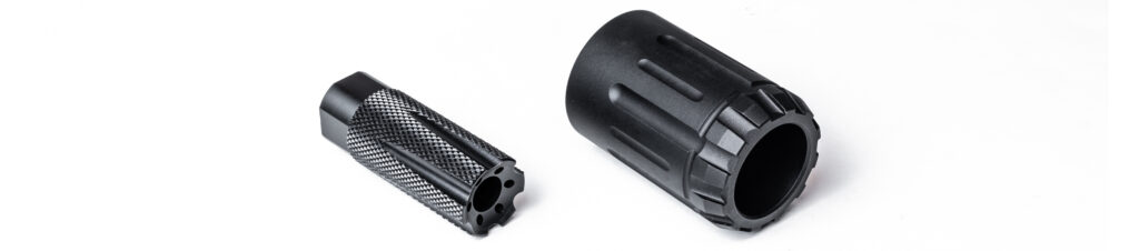 Product image showcasing a matching blast mitigation setup on a stark white backdrop. On the left is a slim, deeply knurled linear compensator with forward-facing muzzle exit ports, and on the right is a Breek arms heavy-duty, quick-detach blast shield sleeve designed to slide over the device to direct concussive forces directly downrange.