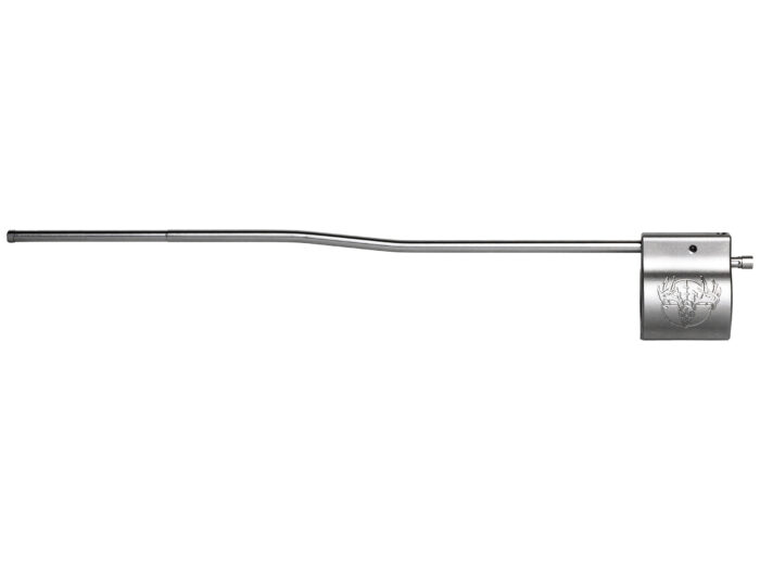 A .750 inch click-adjustable gas block featuring a bead-blasted finish and precision tuning dial, attached to a carbine-length stainless steel gas tube for AR platforms.