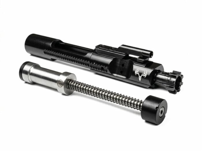 AR-15 bolt carrier group with buffer, buffer spring, and buffer weight assembly for reliable rifle operation.