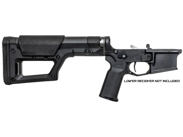 Right-side view of a DMR AR-15 lower build kit with a black lower receiver and Magpul PRS Lite stock.