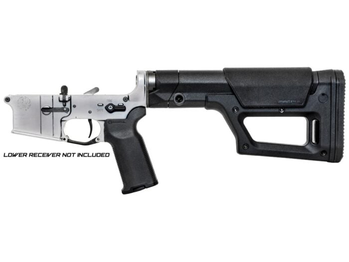 DMR AR-15 lower build kit with Magpul PRS Lite precision stock, buffer tube, and Magpul grip shown on a demonstration receiver from the left side.