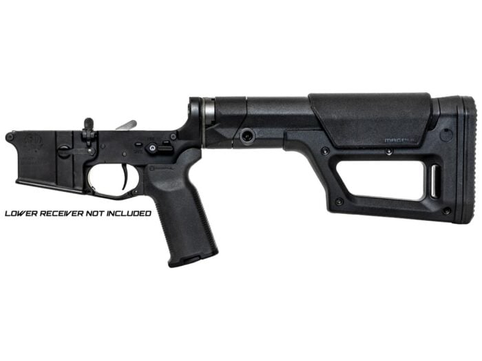 DMR AR-15 lower build kit with Magpul PRS Lite stock and black lower receiver shown from the left side.