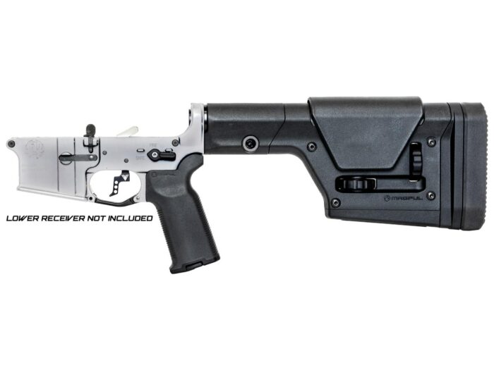 PRS AR-15 lower build kit with Magpul PRS Gen3 stock mounted on a silver demonstration receiver.