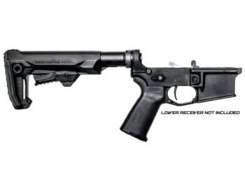 Right-side view of a Stalker AR-15 lower build kit with a black receiver, adjustable Strike Industries stock, and Magpul grip.