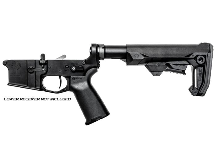 Stalker AR-15 lower build kit with adjustable Strike Industries stock, Magpul grip, and lower components shown from the left side.