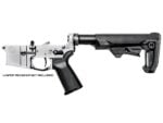 Left-side view of a Stalker AR-15 lower build kit mounted on a silver demonstration receiver with an adjustable Strike Industries stock.